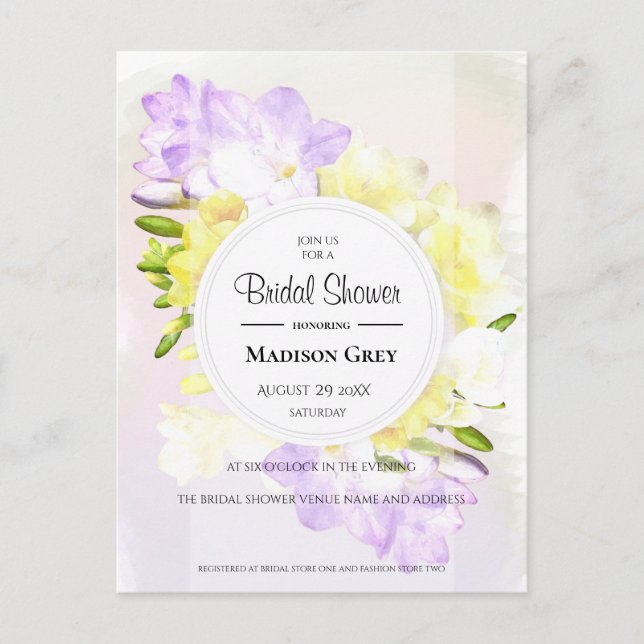 Watercolor Freesia Flowers Bridal Shower Invitation Postcard (Front)