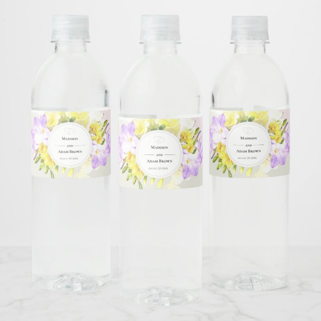 Watercolor Freesia Flowers Wedding Water Bottle Label (Bottles)