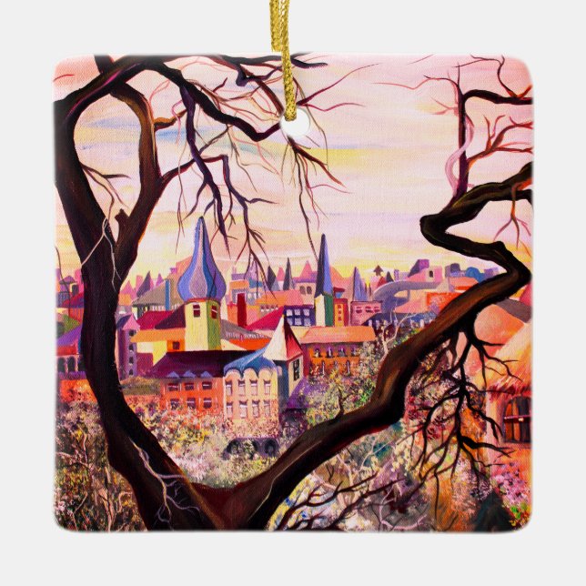 Watercolor French Ancient Settlement Luxembourg Ceramic Ornament (Front)