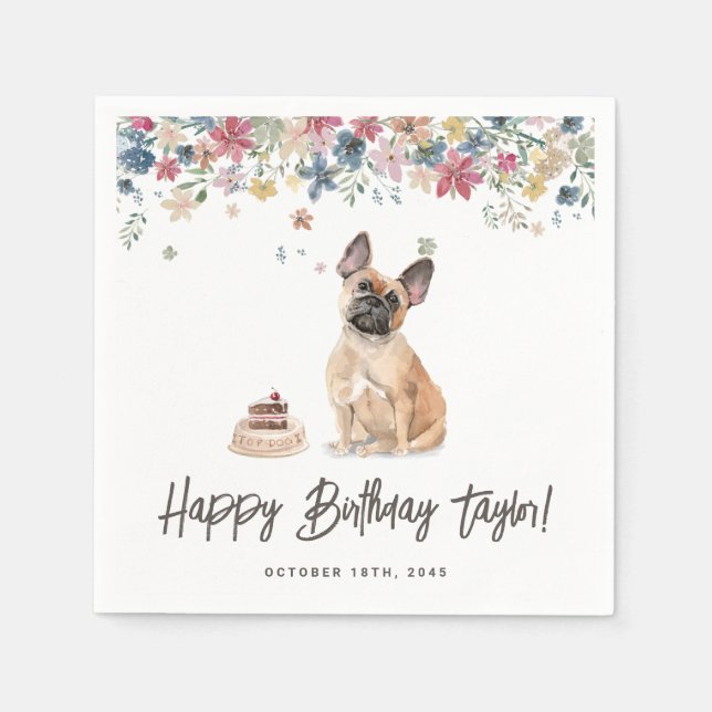 Watercolor French Bulldog Dog Birthday Party Napkin (Front)