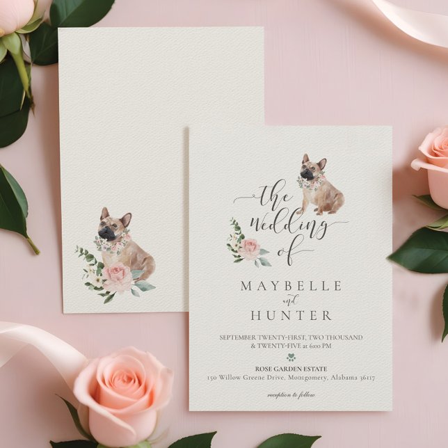Watercolor French Bulldog Pet & Floral Pink Rose Invitation (Watercolor French Bulldog Pet & Floral Pink Rose Invitation)
