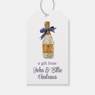 Watercolor French Champagne with a Navy Bow Gift Tags