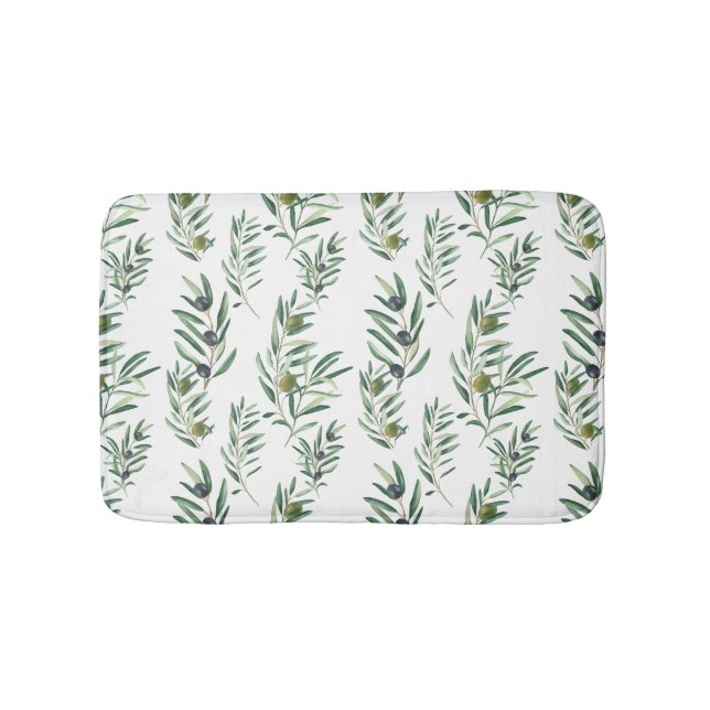 Watercolor French Country Chic Green Olive Pattern Bath Mat (Front)