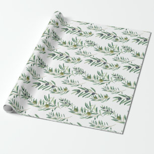 Watercolor French Country Chic Green Olive Pattern Wrapping Paper