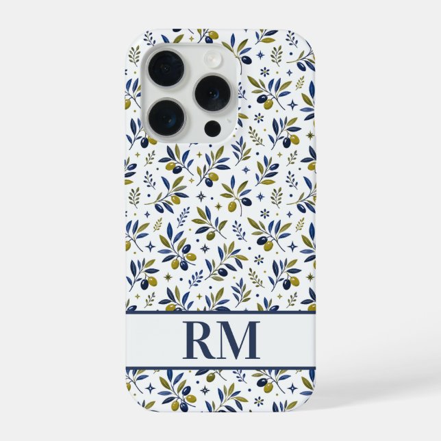 Watercolor French Country Olive Pattern Monogram iPhone Case (Back)