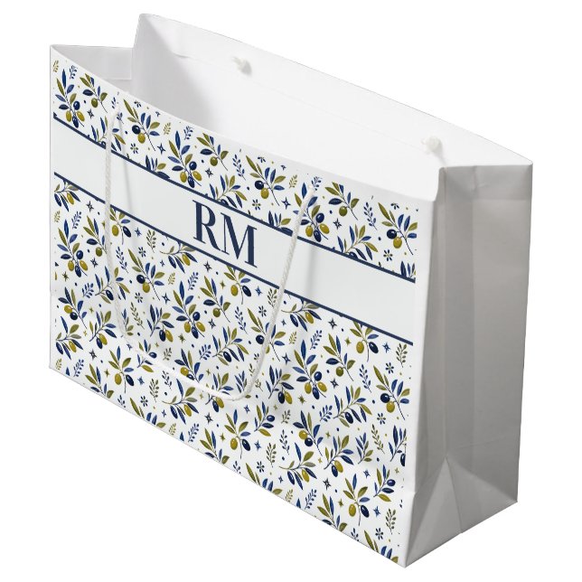 Watercolor French Country Olive Pattern Monogram Large Gift Bag (Front Angled)