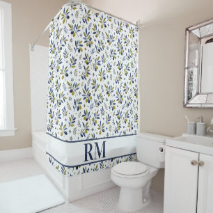 Watercolor French Country Olive Pattern Monogram Shower Curtain