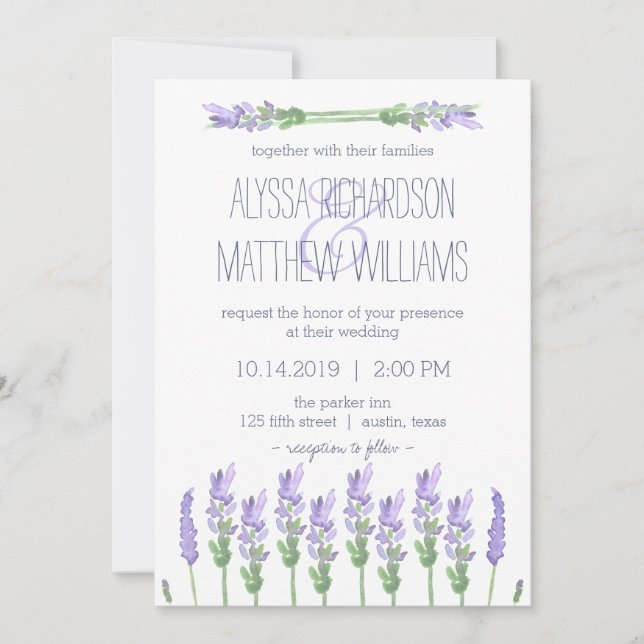 Watercolor French Lavender on White Wedding Invitation (Front)