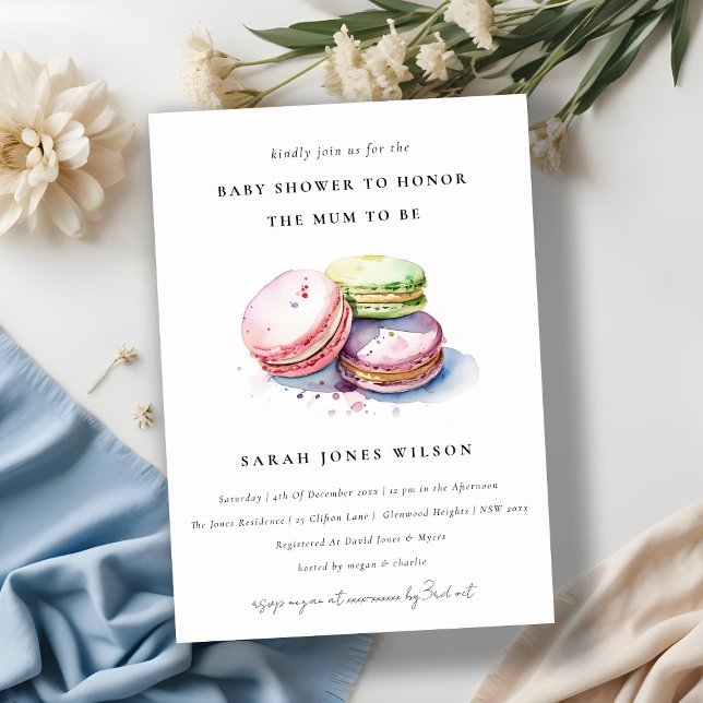 Watercolor French Macarons Bakery Baby Shower Invitation (Creator Uploaded)