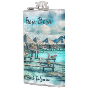Watercolor French Polynesia Bora Bora Serenity   Hip Flask