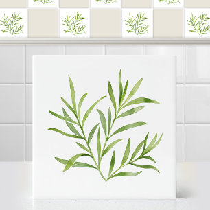 Watercolor French Tarragon Botanical Leaf Branch Tile