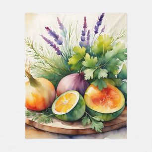Watercolor Fresh Herbs Citrus Arrangement Fleece Blanket