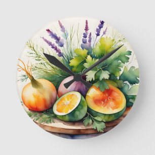 Watercolor Fresh Herbs Citrus Arrangement Round Clock