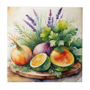Watercolor Fresh Herbs Citrus Arrangement Tile