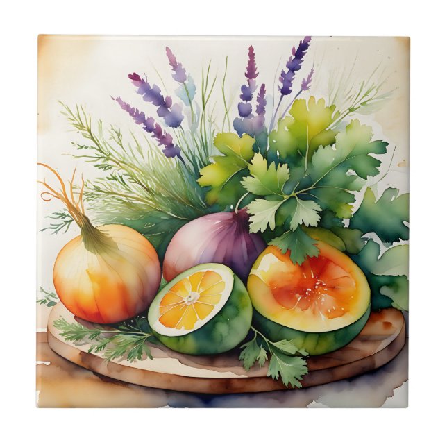Watercolor Fresh Herbs Citrus Arrangement Tile (Front)