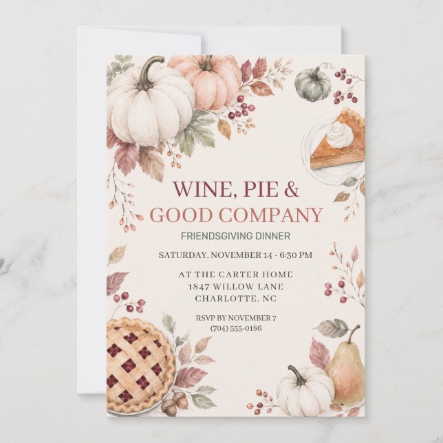 Watercolor Friendsgiving Dinner Pumpkin Pie Fall Invitation (Front)