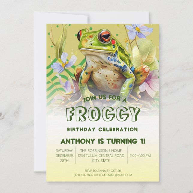 Watercolor Frog Birthday Party Invitation (Front)