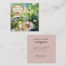 Watercolor Frog Umbrella Flowers Square Business Card