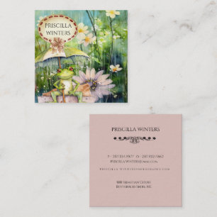 Watercolor Frog Umbrella Flowers Square Business Card