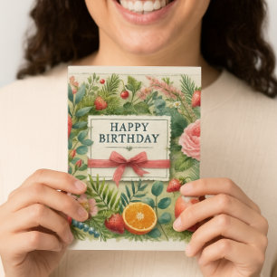 Watercolor Fruit Flowers Greenery Happy Birthday  Card