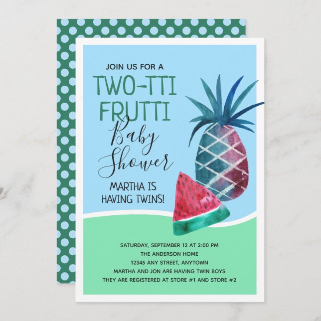 Watercolor Fruit Two-tti Fruiti Twins Baby Shower Invitation (Front/Back)
