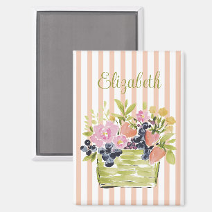 Watercolor Fruits and Flowers Basket on Stripes Magnet