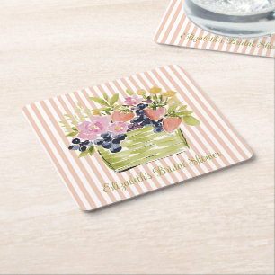 Watercolor Fruits and Flowers Basket on Stripes Square Paper Coaster