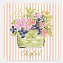 Watercolor Fruits and Flowers Basket on Stripes