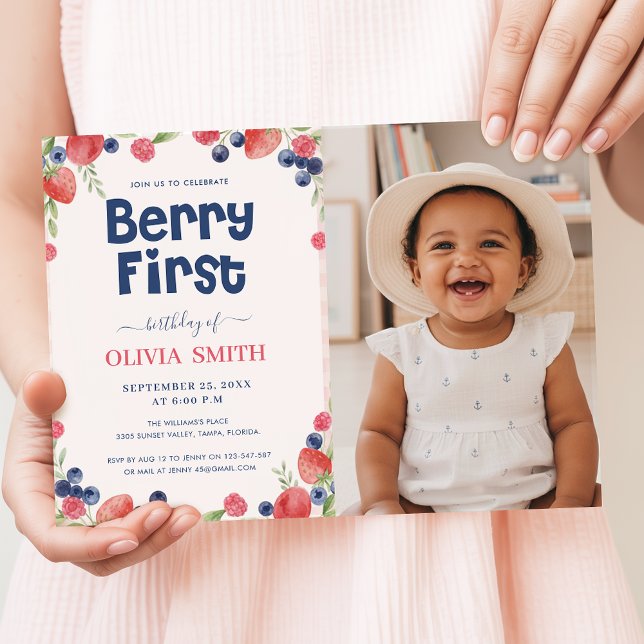 Watercolor Fruits Baby Photo Berry First Birthday Invitation (Creator Uploaded)