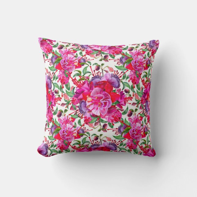 Watercolor Fuchsia Blooms Cushion (Front)
