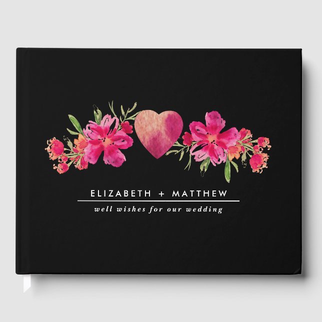 Watercolor Fuchsia Floral  Black Wedding  Guest Book (Front)