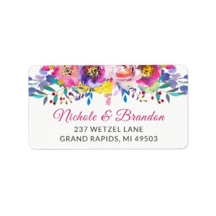 Watercolor Fuchsia Gold Blossom Floral Address Label