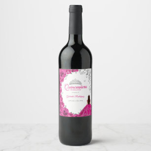 Watercolor Fuchsia Pink Floral Quinceanera Wine Label