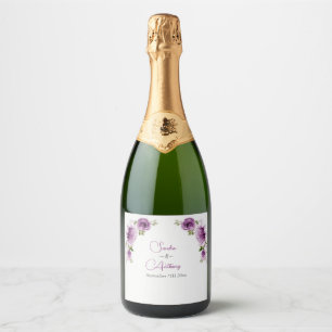 Watercolor Fuchsia Roses and Peonies Wedding Sparkling Wine Label