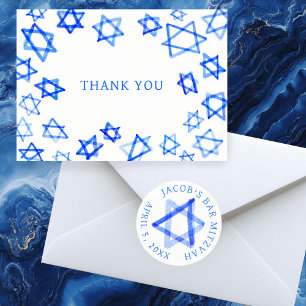 Watercolor Fun Blue Star of David Bar Bat Mitzvah  Thank You Card