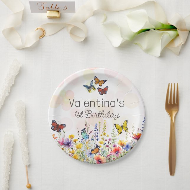 Watercolor Fun Colourful Wildflowers & Butterflies Paper Plate (Wedding)