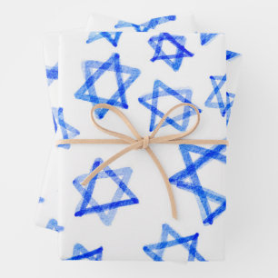 Watercolor Fun Messy Cool Blue Star of David  Wrapping Paper Sheet