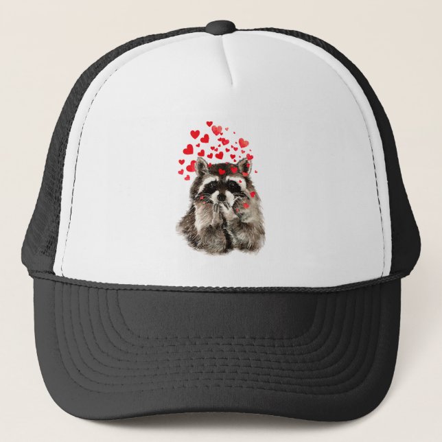 Watercolor Fun Racoon Blowing Kisses Hearts Trucker Hat (Front)