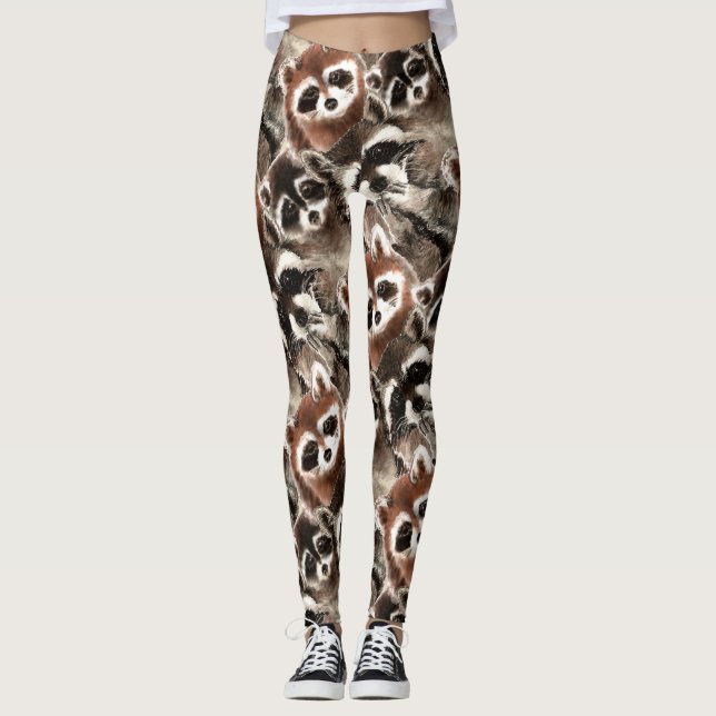 Watercolor Fun Racoon Family Cute Animal Art Leggings (Front)