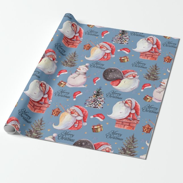 Watercolor Fun Santa Claus Christmas Wrapping Paper (Unrolled)