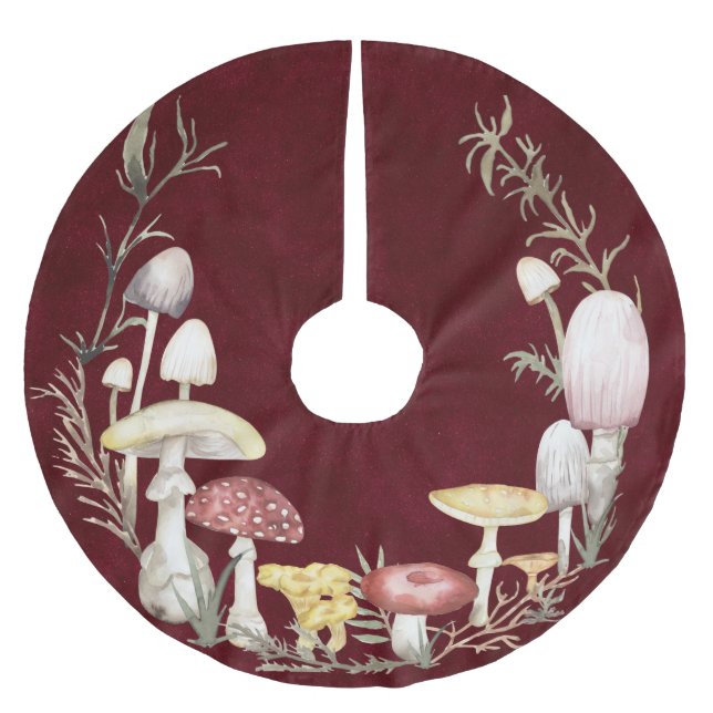 Watercolor Fungi Mushroom Christmas Holiday  Brushed Polyester Tree Skirt (Front)
