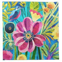 Watercolor Funky Bird Flowers Pattern