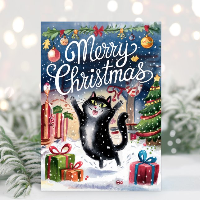 Watercolor Funny Black Cat Merry Christmas Card (Creator Uploaded)