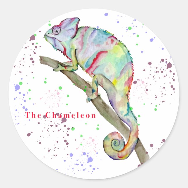 Watercolor funny chameleon classic round sticker (Front)