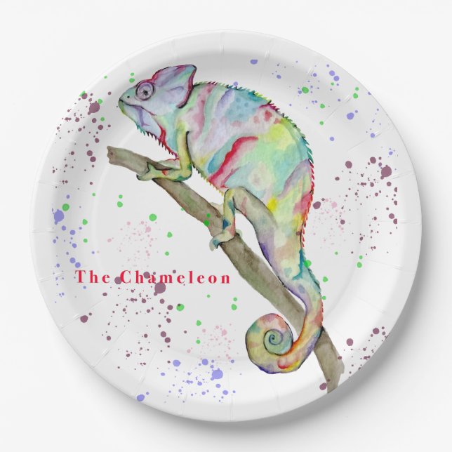 Watercolor funny chameleon paper plate (Front)