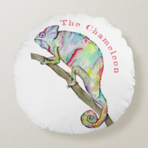 Watercolor funny chameleon round cushion