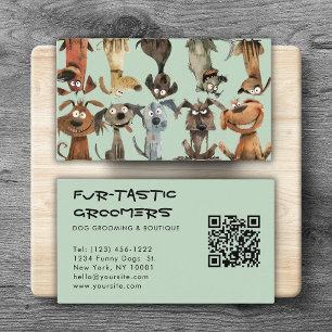 Watercolor Funny Dog Groomers Boutique QR Code Business Card