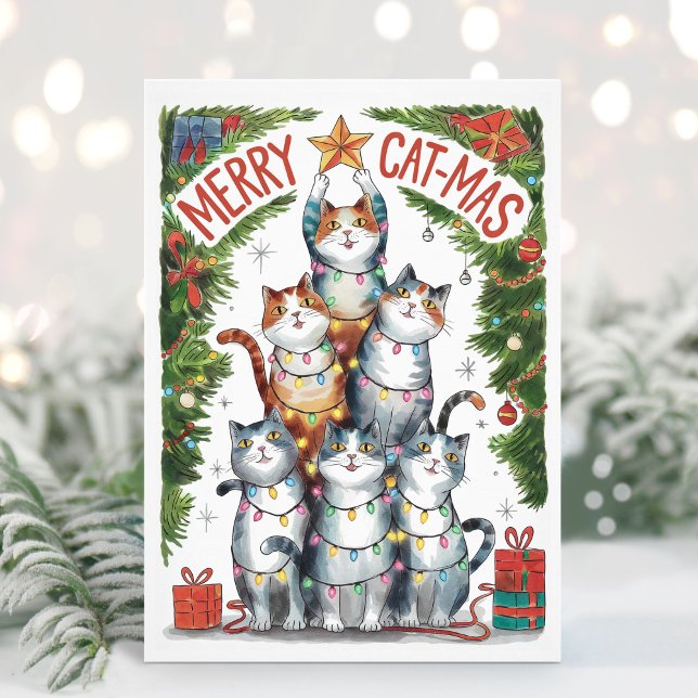 Watercolor Funny Merry Catmas Christmas Card (Funny Cats Christmas Card)