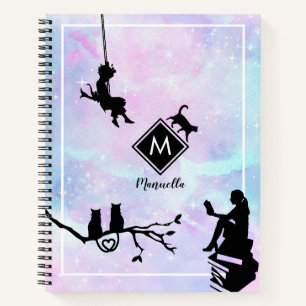 Watercolor Galaxy Cat and Girls Monogram Notebook