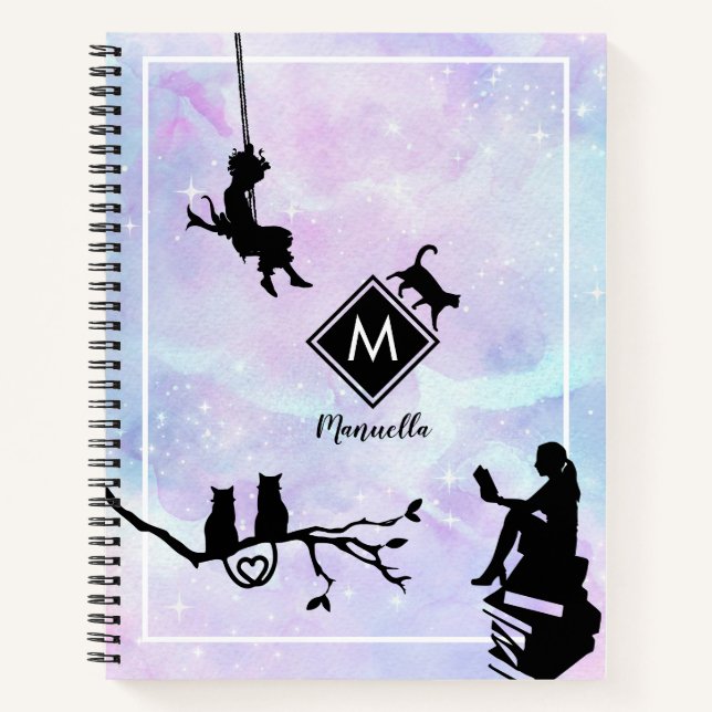 Watercolor Galaxy Cat and Girls Monogram Notebook (Front)